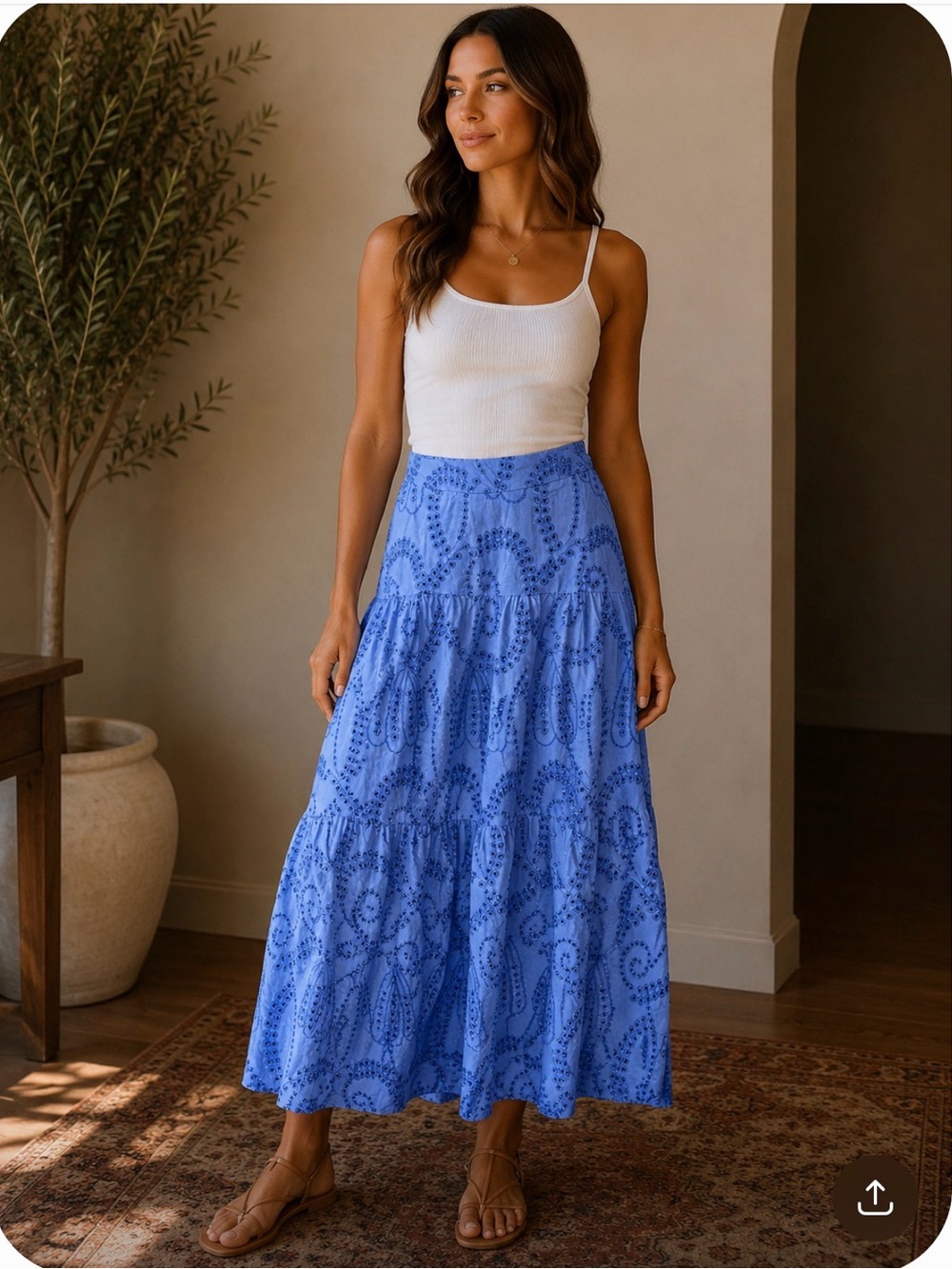 Blue Eyelet Embroidered Tiered Maxi Skirt Boho Cottagecore